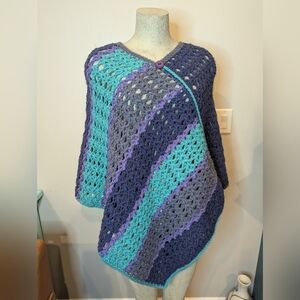 Peacock Artisan Knit Hand Poncho Sweater, Blue, Purple, Teal One Size Acrylic